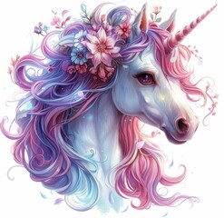 Obraz na płótnie Canvas A unicorn with a flower crown on its head. The unicorn is pink and blue with a purple nose