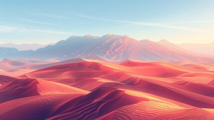 A desert landscape with a mountain in the background. The sky is blue and the sun is setting