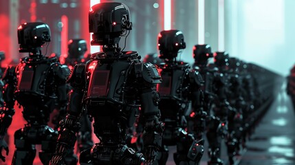 Dystopian chip rebellion, robots marching, dark scifi aesthetic,