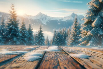 A snowy mountain range with pine trees and a wooden deck. The deck is covered in snow and the mountains are in the background - obrazy, fototapety, plakaty