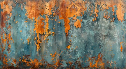A wall with a blue background and orange splatters. The wall has a rustic, aged appearance - obrazy, fototapety, plakaty