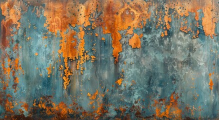 A wall with a blue background and orange splatters. The wall has a rustic, aged appearance