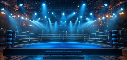 A boxing ring with blue lights shining on it. Scene is energetic and exciting