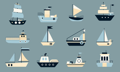 A collection of stylized ship illustrations on a neutral background, depicting various types of boats and ships in a simple, modern flat design aesthetic - obrazy, fototapety, plakaty