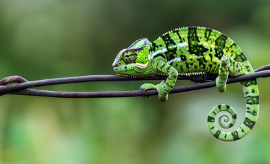 Caméléon, vert et noir, en équilibre sur un fil de fer.