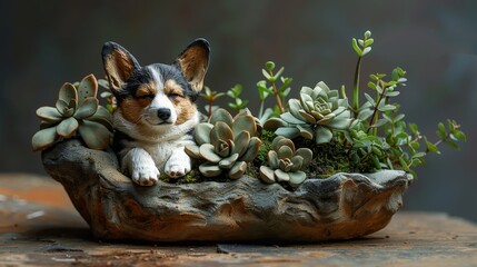 Whimsical Corgi-Inspired Clay Planter with Flowing Designs Generative AI