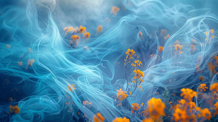 Intricate tendrils of cerulean mist gently intertwining amidst a field of rich marigold, suffused with a delicate luminescence. - obrazy, fototapety, plakaty