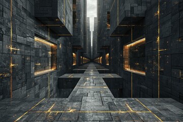 A stunning bas relief in black marble depicts a modern cityscape at night, showcasing glowing lights and precise symmetry in a minimalist fashion. - obrazy, fototapety, plakaty