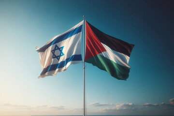 Palestinian and Israeli flags. The concept of confrontation between Palestine and Israel