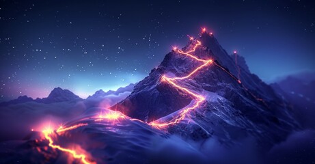 A mountain with a path of fire leading to it