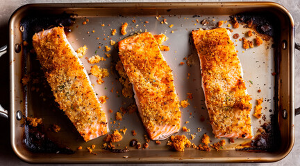 A well-used baking sheet with four baked breaded salmon