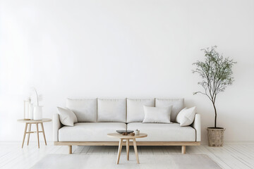 Fototapeta na wymiar Interior Living Room, Empty Wall Mockup In White Room With White Sofa And Green Plants, 3d Render Real Room Template