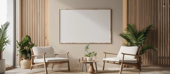 House with two chairs, table, and wall picture, with a houseplant