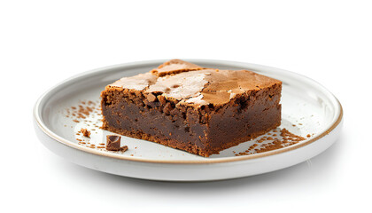 Plate with piece of tasty chocolate brownie isolated on white background