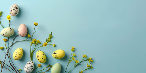 top view of easter holiday background with golden and blue eggs easter card mockup copy space text daffodils flowers flat lay on blue background Stylish festive template with space for text Greeting c