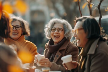 Laughing women enjoying coffee outdoors - obrazy, fototapety, plakaty