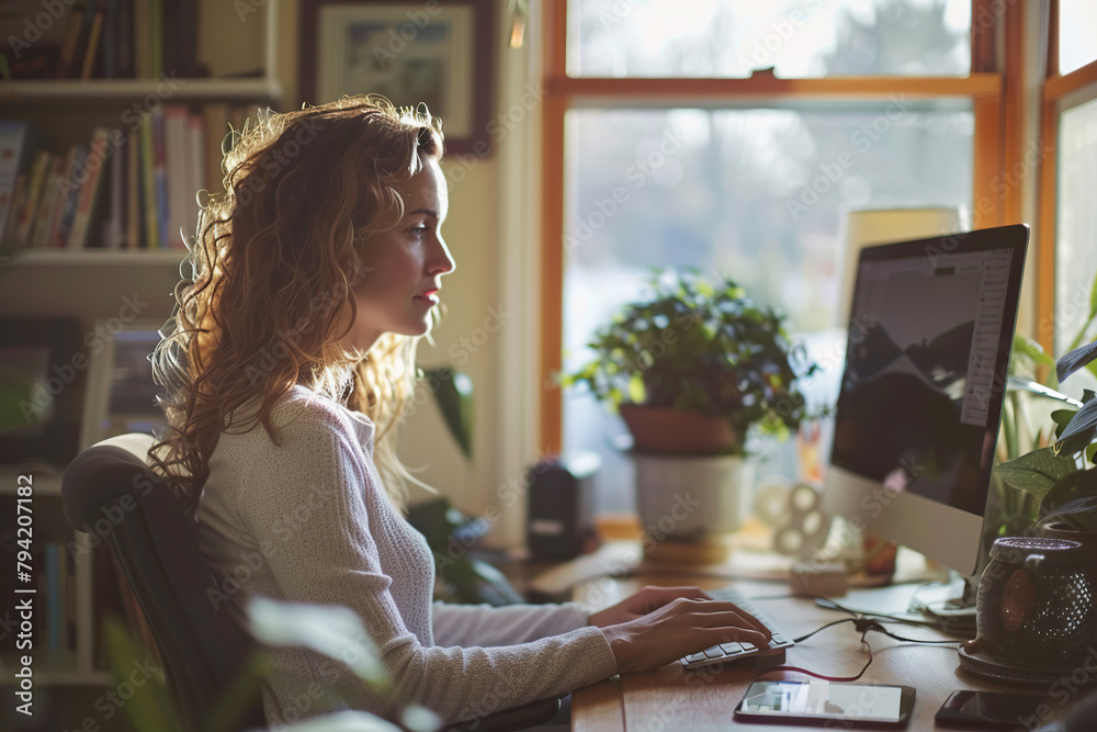 Wall mural woman in profile teleworking from home