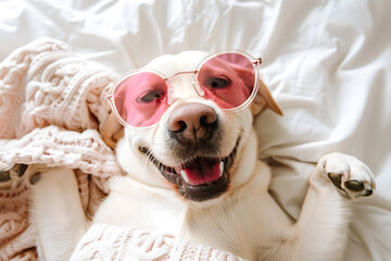Chien amusant allongé sur un lit avec des lunettes roses et souriant - obrazy, fototapety, plakaty