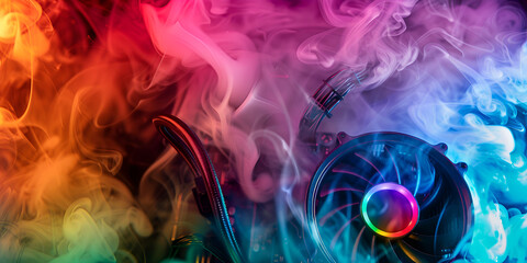 portrait of a  graphic card enveloped in dynamic red and blue smoke concept overheating or intense usage GPU featuring spinning cooling fans surrounded - obrazy, fototapety, plakaty