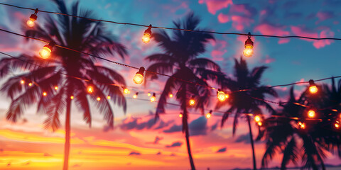  wedding invitation bulb palm tree adorned with festive fairy lights Palm leaves decorated with garlands of luminous lights against the sky on a warm southern night colorful string lights hanging amon - obrazy, fototapety, plakaty