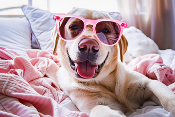 Chien amusant allongé sur un lit avec des lunettes roses et souriant - obrazy, fototapety, plakaty