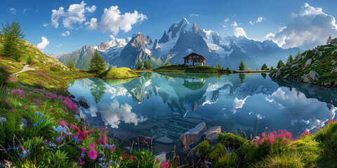 Colorful summer panorama of the Lac Blanc lake with Mont Blanc Monte Bianco on background  - obrazy, fototapety, plakaty