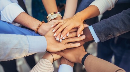 Group of friends with hands stacked one on top of another, friendship, support, togetherness. Multiethnic businesspeople with hands touching on top of each other