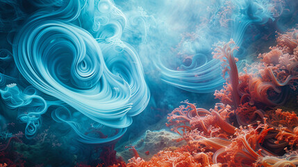 Swirling vortices of azure mist enveloping a rich coral canvas, creating a dynamic and enchanting abstract composition.