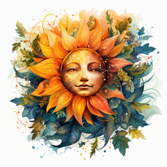 Watercolor Mystical Sun Illustration, Generative Ai