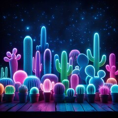 Glowing neon cactus background. 