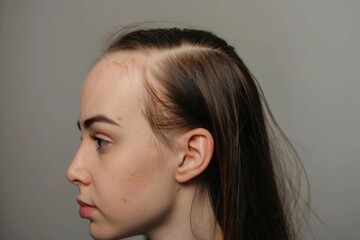 Head shot of a young woman with bald patches on her forehead and temples. Baldness. Close-up, side view. Hair care and treatment concept. Hair loss, hair extensions, alopecia.