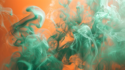 Translucent wisps of jade smoke swirling against a canvas of vibrant tangerine, bathed in the soft...