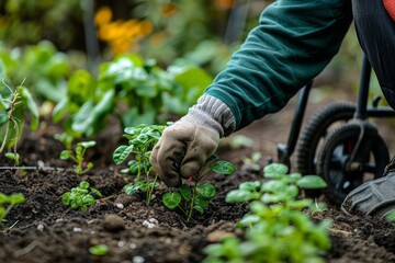 A person with a disability gardening, nurturing plants with adaptive tools, tranquility in nature