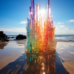 A tall, vertical shot capturing the dazzling effect of sunlight filtering through the crystal-like sands of a pristine beach, the grains glitter brilliantly, reflecting a rainbow