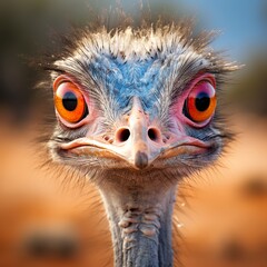 Portrait-style shot capturing the striking gaze of an Opal-Eyed Ostrich, its large, shimmering eyes reflecting a spectrum of colors against a backdrop of sparse savannah grassland - obrazy, fototapety, plakaty