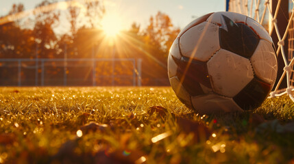Soccer ball resting in net after sunset - obrazy, fototapety, plakaty