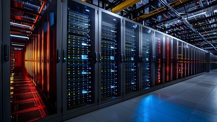 Illustration of server racks in a data center setting. Concept Technology, Data Center, Server Racks, Networking, IT Infrastructure