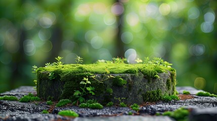 Natural beautiful green podium from moss for products, dreamy sakura park.