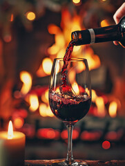 Relaxing romantic evening by the fire with red wine being poured into a glass.