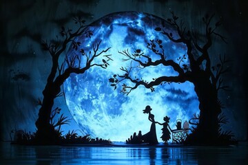 Moonlight shadow puppet theater, bedtime stories come to life, imaginative silhouettes