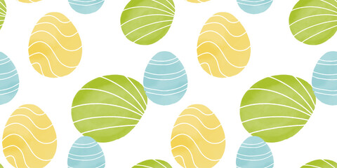 Cute illustration with colorful Easter eggs with watercolor texture, spring banner