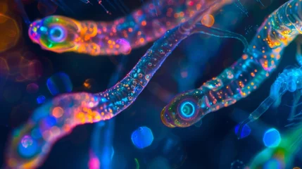 Fotobehang A colorful highresolution photograph of a group of nematodes swimming in a drop of water their long slender bodies lit up by the bright © Justlight