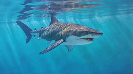 tiger shark is swimming on the blue water