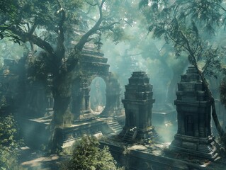 A forest with a lot of trees and stone buildings. Scene is mysterious and eerie