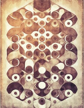 A painting of circles and squares in brown and white. The circles are of various sizes and the squares are of different shapes. The painting has a vintage feel to it and the colors are muted