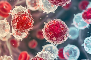 Visual metaphor for leukemia treatment red and white cells under a microscope, focused, high contrast