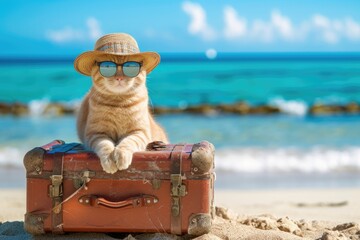 Funny cat tourist in sunglasses standing with suitcase going on summer holiday trip