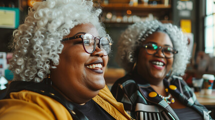 Candid shot of two plus-size black smile women with white curly hair and round glasses sitting in a coffee shop