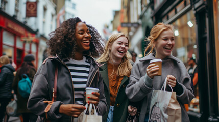 Three women, one with blonde hair and a grey coat, walk down the street smiling, carrying shopping...