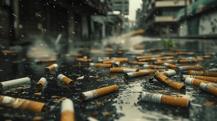 Cigarette butts flooding a street, metaphor for environmental damage, stark and thoughtprovoking